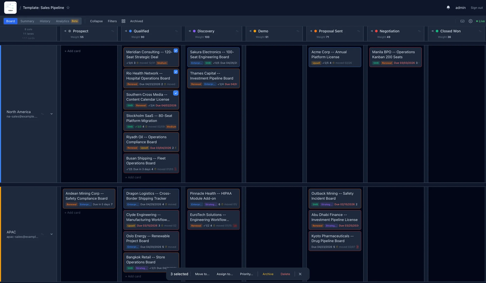 Board with multiple cards selected and the bulk action toolbar visible