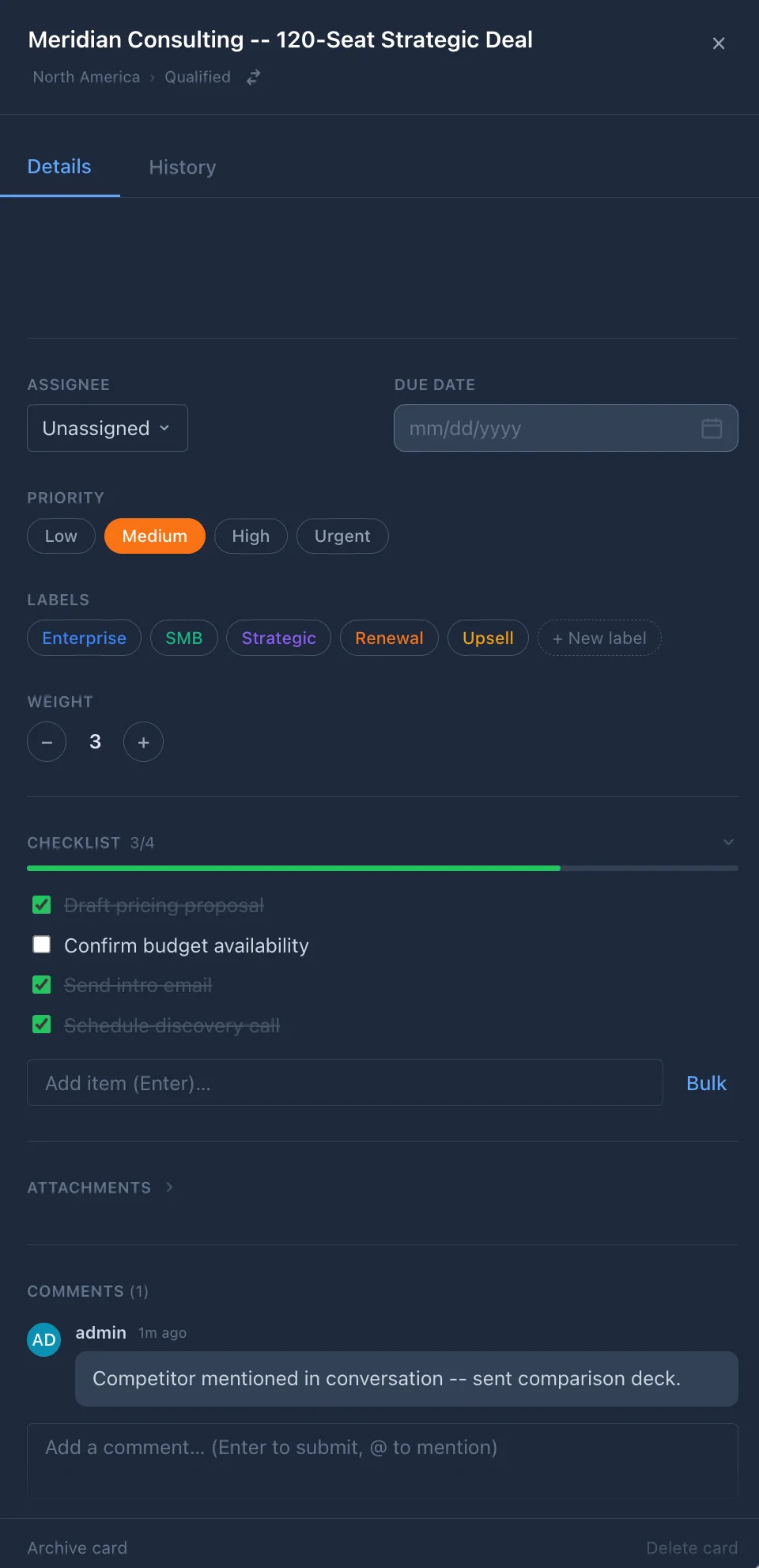 Card detail panel open beside the board showing priority, labels, checklist, due date, and comments
