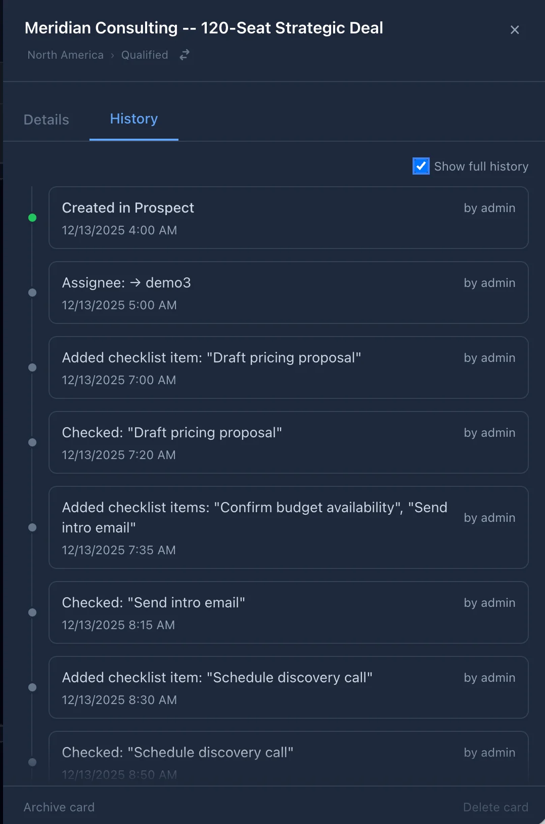 Card movement history showing column and swimlane changes with timestamps and dwell times