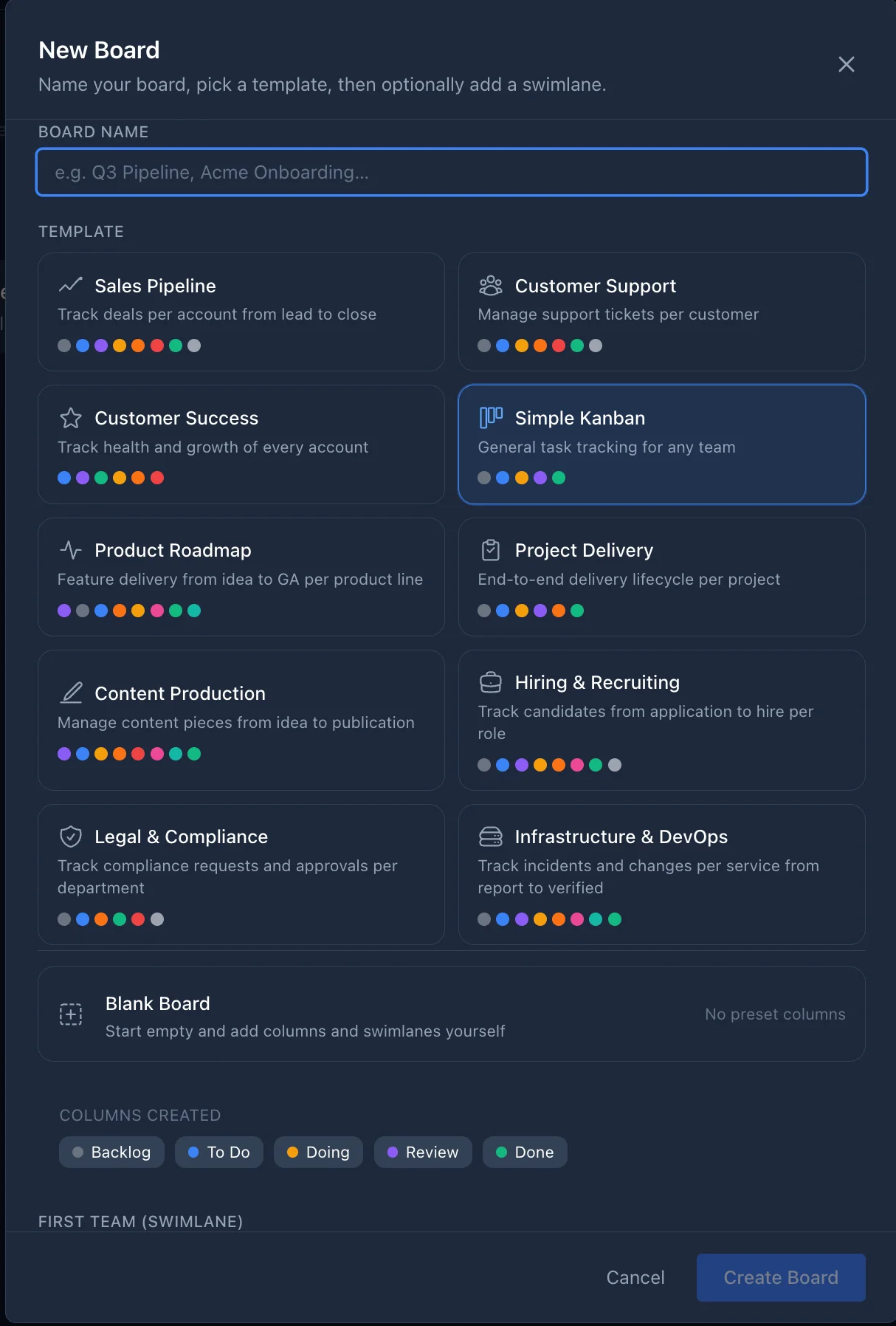New board dialog showing 11 built-in templates