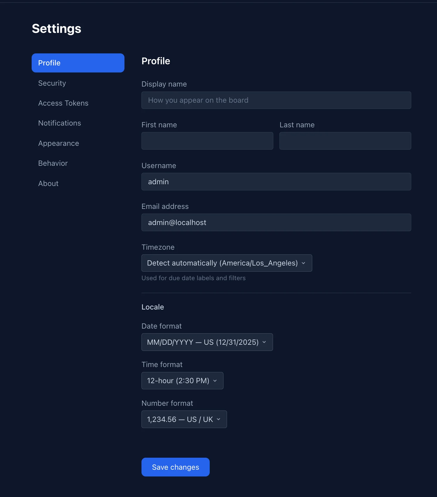 User settings page showing locale, theme, and notification preferences