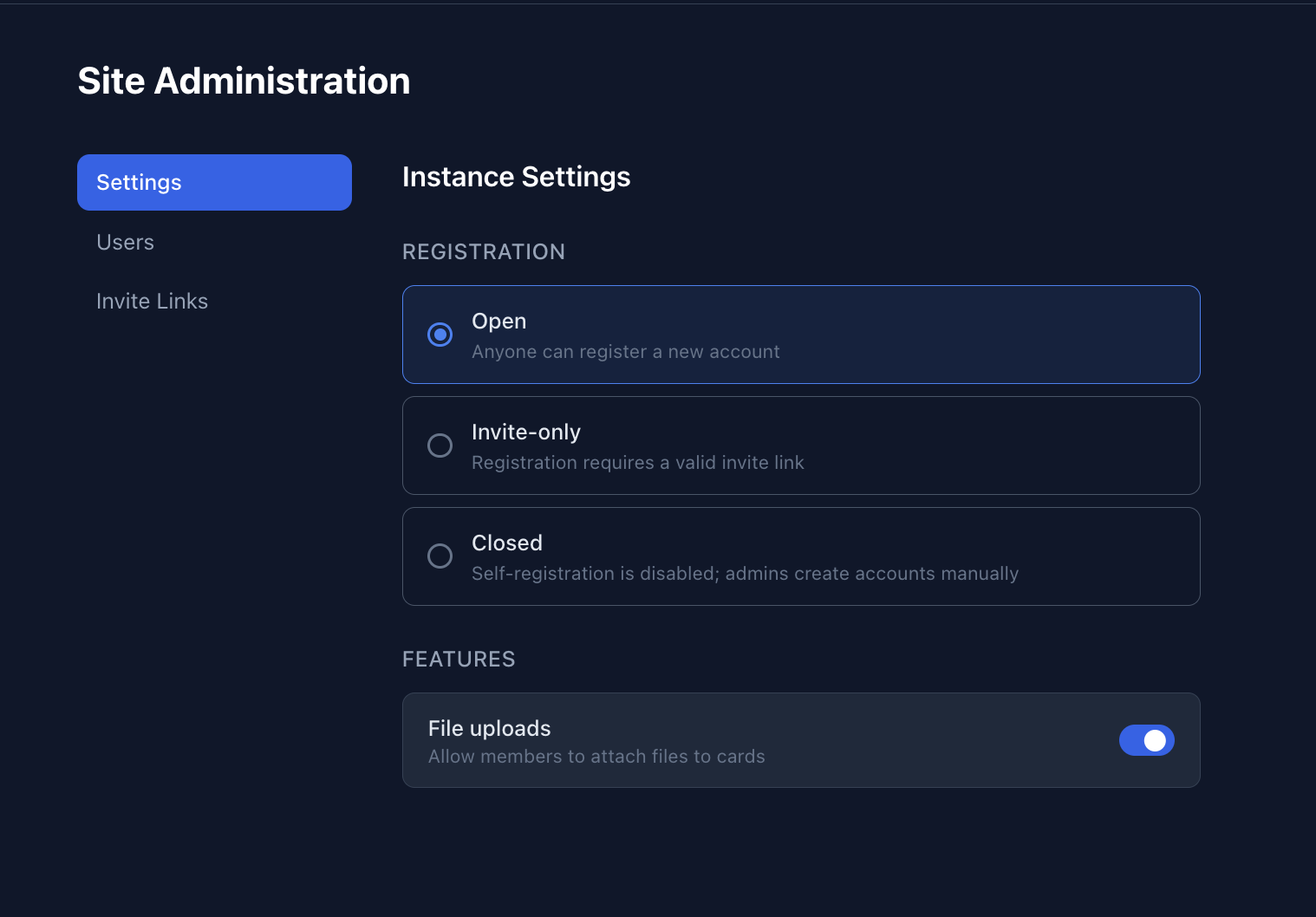 Site admin panel showing registration modes including open, invite-only, and closed