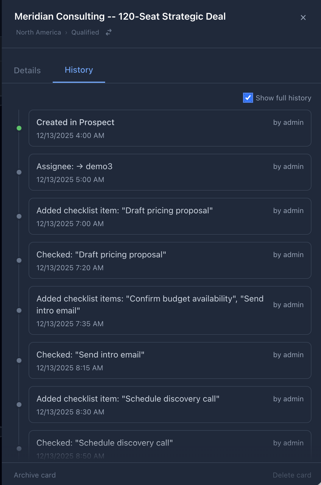 Card movement history showing column and swimlane changes with timestamps and dwell times