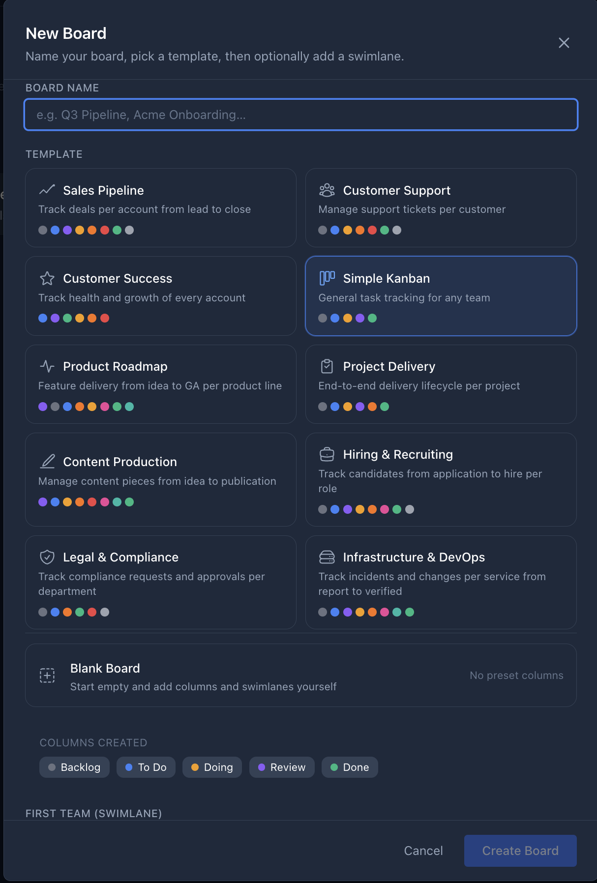 New board dialog showing 11 built-in templates